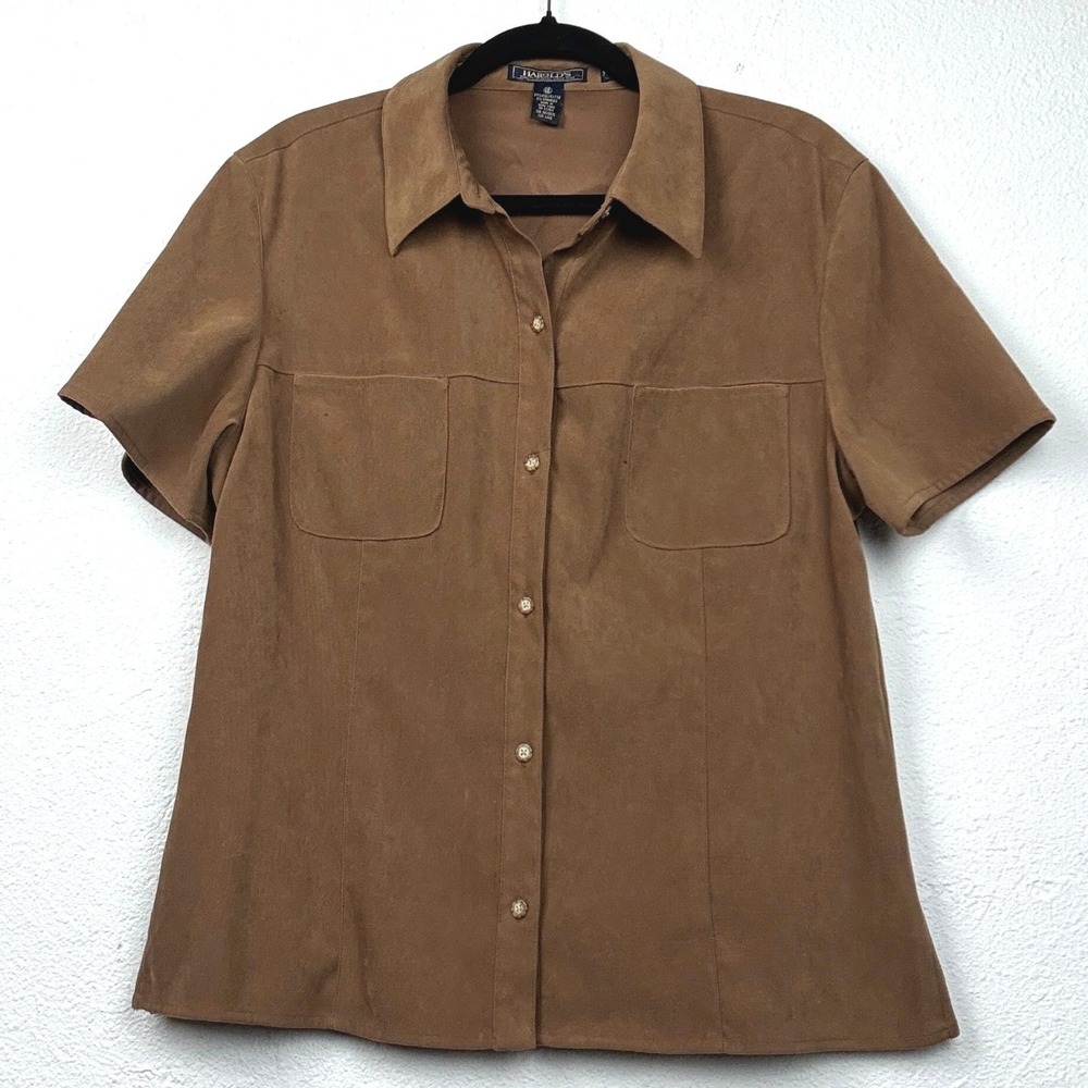 Harold's Brown Button Down Top - 12 - Faux Suede Stretch Pocket Vintage Academia